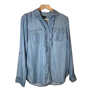 Talbots Lyocell Denim Ruffle Western Shirt Top XS Chambray